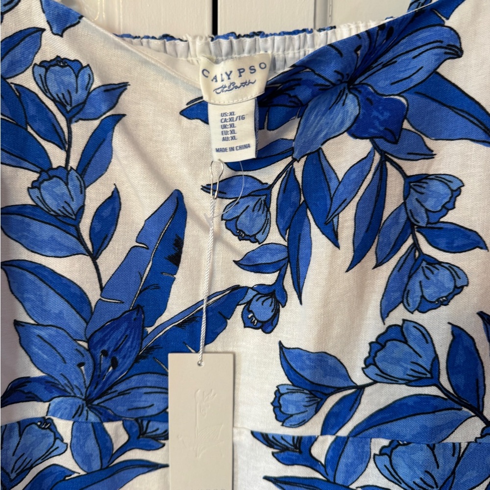 NWT Calypso St. Barth Blue and White Botanical Midi Dress - Picture 2 of 6